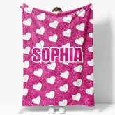 Aperturee - White Heart Pink Custom Name Valentines Day Blanket